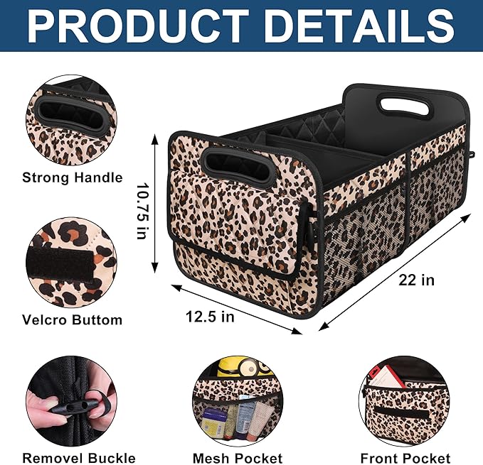Deosk Trunk Organizer and Storage with 6 Big Pocket,Car Accessories for Women/Men 50L Waterproof Polyester Trunk Organzier for Car/SUV/Minivan/Truck(Medium,Leopard print)