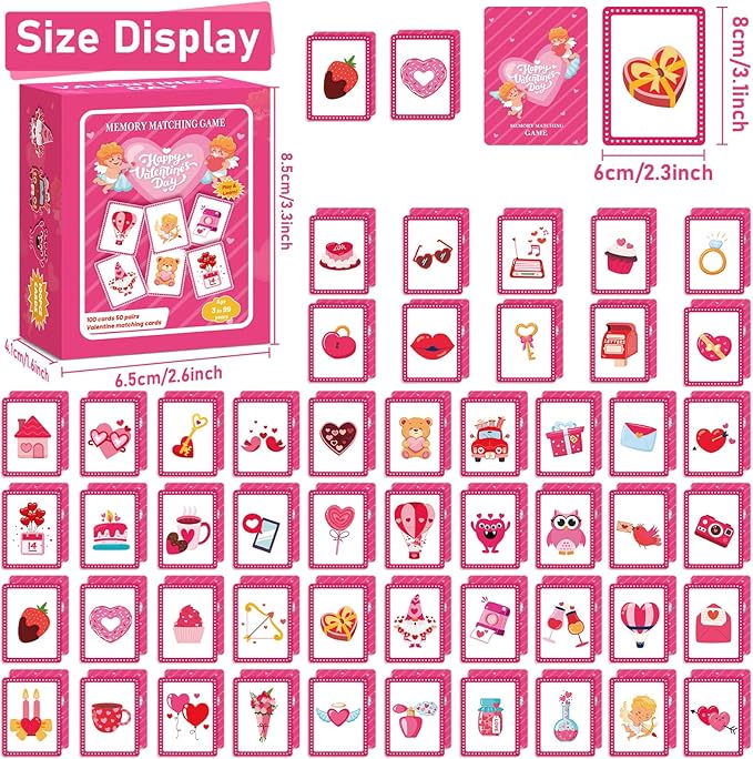 gisgfim 100 PCS Memory Matching Game Valentine's Day Concentration Memory Games Card Educational Game for Kids Educational Ages 3-8 A Fun & Fast Heart Gnome Matching Games