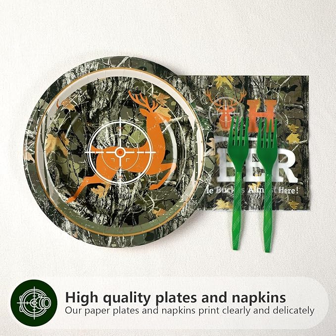Grencian 96Pcs Hunting Deer Camo Baby Shower Supplies Oh Deer Plates and Napkins A Little Buck is Almost Here Tableware for Outdoor Camping Picnic Hunting Themed Baby Shower Decorations Serves 24