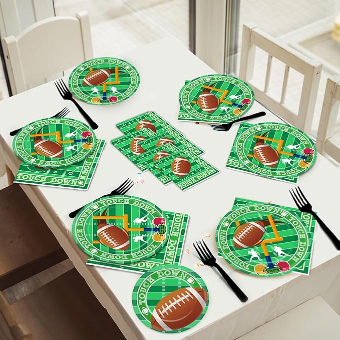 Qyeahkj 100 Pcs Football Party Plates and Napkins Set Football Birthday Party Decorations Supplies Football Tableware Football Themed Party Favors for Boys Kids Sports Fans Events Serves 25