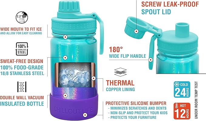 CHILLOUT LIFE 12 oz Kids Insulated Water Bottle for School with Leakproof Spout Lid and Cute Waterproof Stickers, Personalized Stainless Steel Thermos Flask Metal Water Bottle for Girls & Boys