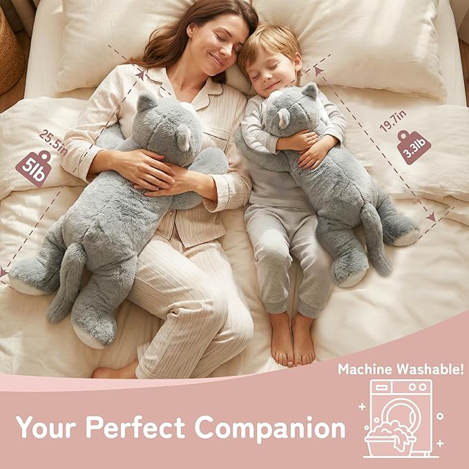 Niuniu Daddy Weighted Stuffed Animals for Anxiety, 3.3lbs Weighted Cat Plushies Toy for Adults Kids, 20‘ Large Grey Stuffed Cat Plush Pillow as Gift for Valentine Birthday Include Bag, Stickers, Card