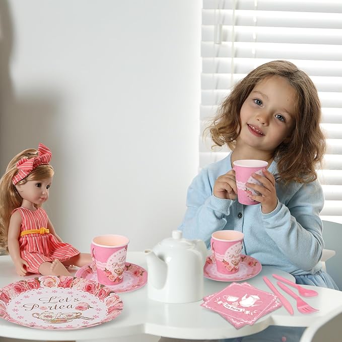 Kochorie 192 Pcs Tea Party Tableware Sets Disposable Let's Partea Party Supplies Plates Cups Napkins Cutlery Serves 24 with Teacups and Saucers Sets for Birthday Wedding Baby Shower Party Decorations