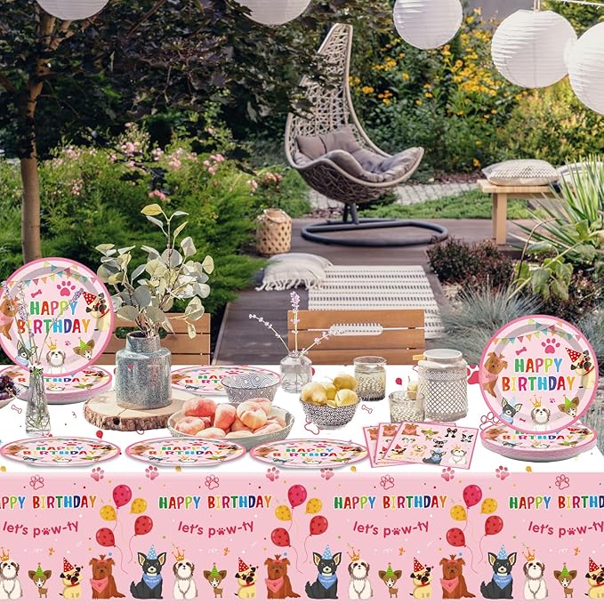 41PCS Pink Dog Birthday Party Decorations Set Puppy Party Supplies Including Dog Girl Party Plates Napkins Tablecloth Serves 20 Guests for Dog Birthday Parties Decorations