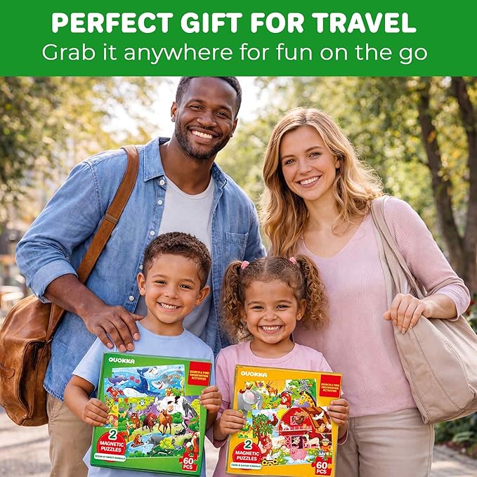 QUOKKA Magnetic Puzzles for Toddlers 3-5 – Search & Find 2 Pack, 60 Pieces Each – Travel Friendly Board with Hidden Objects, Farm and Africa Scenes – Educational Puzzle Gift for 3 Year Olds