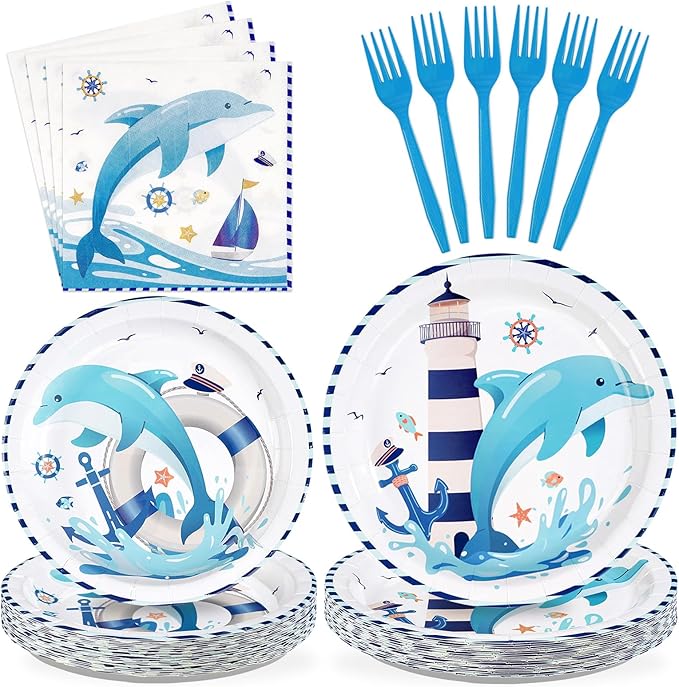 96Pcs Dolphin Party Supplies Funny Ocean Dolphin Nautical Plates and Napkins Disposable Cute Under the Sea Animal Tableware Set for Kids Nautical Baby Shower Birthday Party Decorations Serves 24