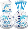 96Pcs Dolphin Party Supplies Funny Ocean Dolphin Nautical Plates and Napkins Disposable Cute Under the Sea Animal Tableware Set for Kids Nautical Baby Shower Birthday Party Decorations Serves 24