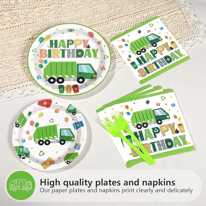 Grencian 96Pcs Trash Truck Birthday Decoration - Garbage Truck Plates and Napkins Trash Party Disposable Tableware for Kids Boys Recycling Rubbish Birthday Party Decorations Serves 24
