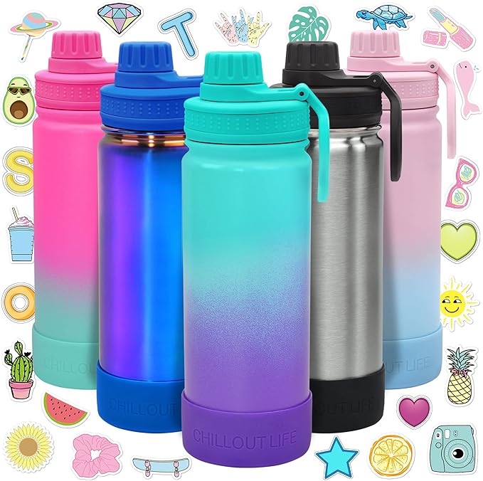 CHILLOUT LIFE 17 oz Kids Insulated Water Bottle for School with Leakproof Spout Lid and Cute Waterproof Stickers, Personalized Stainless Steel Thermos Flask Metal Water Bottle for Girls & Boys