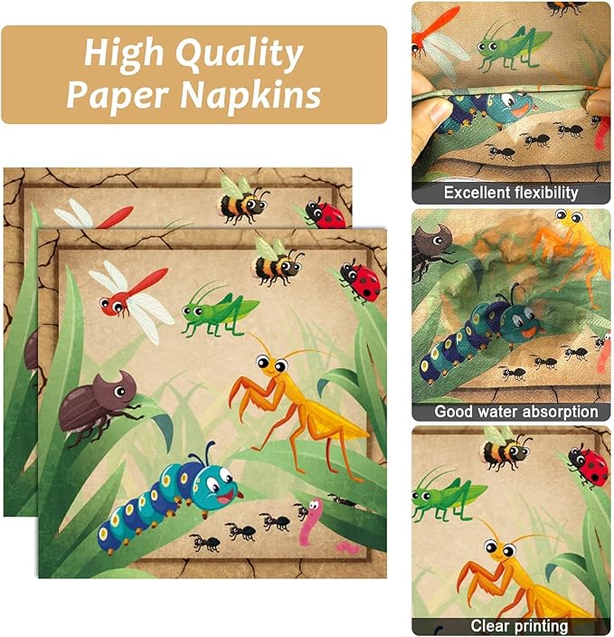 Qyeahkj 100 Pcs Bug Party Plates Napkins Supplies, Spring Summer Ladybugs Bee Reptile Birthday Party Tableware Set Insect Birthday Party Decorations Favors for Boys Girls Serve 25