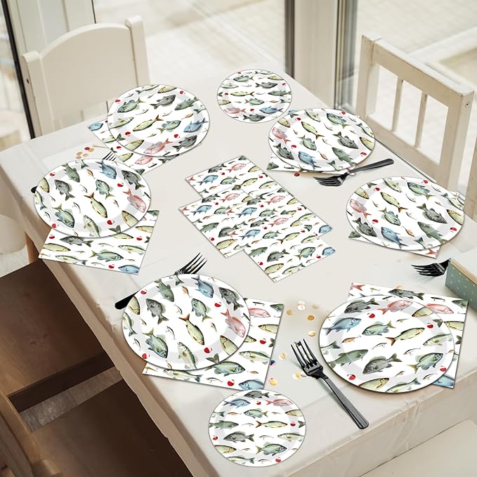 96Pcs Gone Fishing Party Plates and Napkins Fishing Themed Birthday Party Supplies for Little Fisherman Paper Dessert Plates Gone Fishing Tableware for 24 Guests for Ofishally One Party Decorations