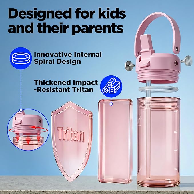 12oz Kids Water Bottle, BPA Free Thick Tritan Plastic Reusable, Clear Water Bottle with Straw, Leakproof Lid, Dishwasher Safe, Boy girl for School,Travel Pink