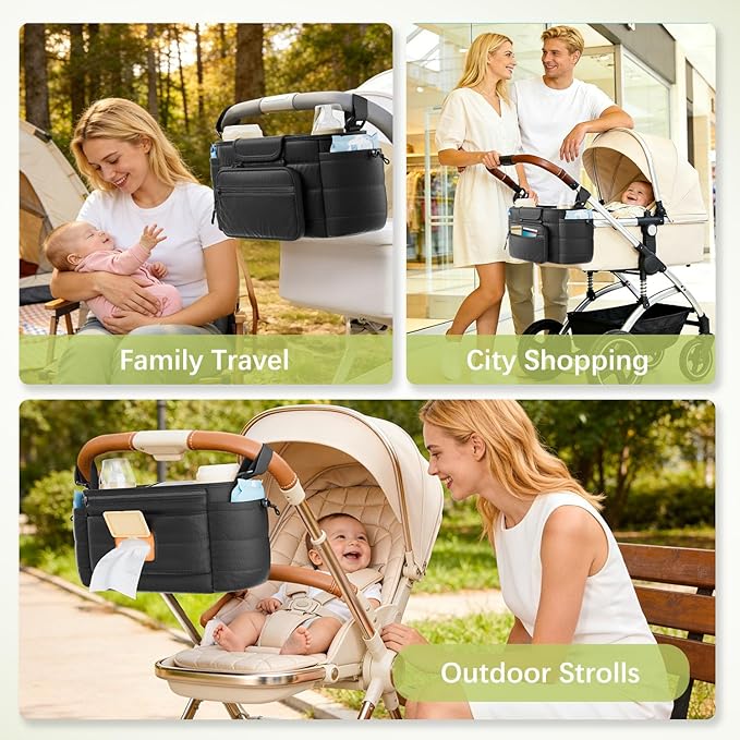 Stroller Organizer Caddy with Insulated Cup Holder & Detachable Phone Purse, Lightweight Universal Stroller Caddy for Busy Moms - Black