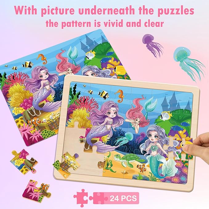Puzzles for Kids Ages 4-6, 4 Packs 24 Pcs Unicorn Princess Mermaid Wooden Jigsaw Puzzles, Preschool Educational Puzzles Toys Gifts for Girls 3 4 5 6 Years Old