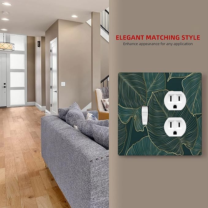 Gold Tropical Green Botanical Palm Leaves Wallplates 1 Toggle 1 Duplex Switch Plate Electrical GFCI Faceplate Decorative Light Switch Covers for Bedroom Living Room Decor