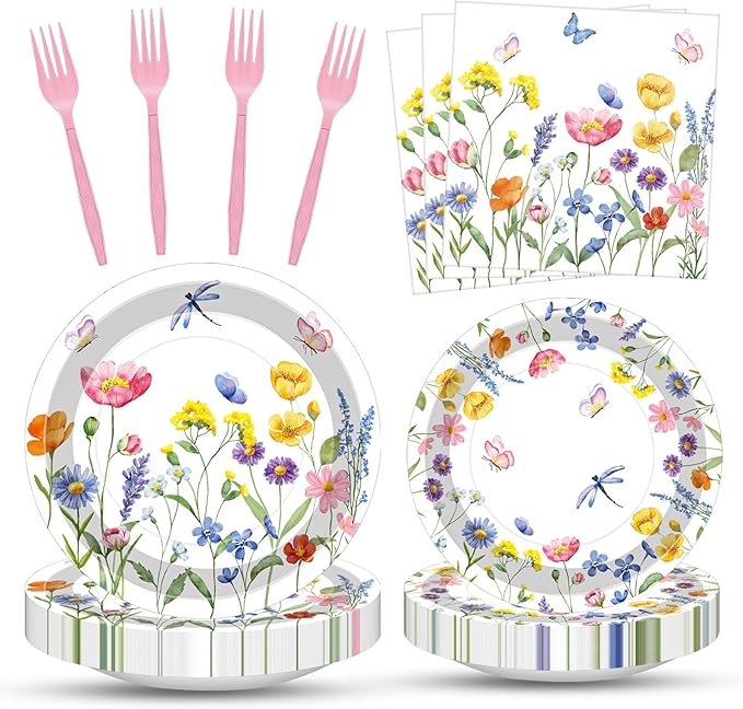 100 Pcs Spring Floral Party Supplies Set, Serves 25 – Disposable Flower Paper Plates, Napkins, and Forks, Garden Bloom Themed Tableware for Picnic, Tea Party, Birthday, and Mother’s Day Decorations