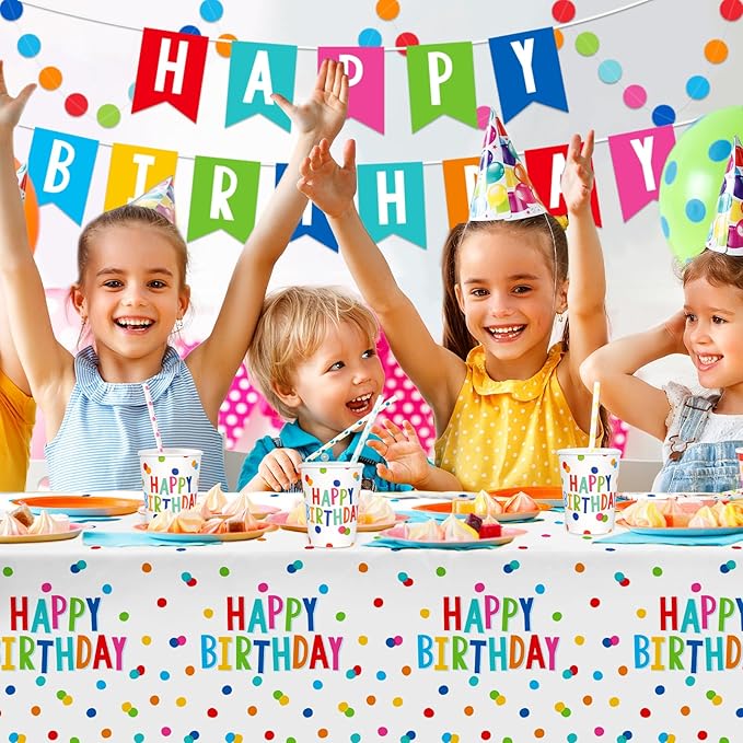 Happy Birthday Decorations: Happy Birthday Party Supplies Set with Birthday Dots Design- Includes Disposable Paper Birthday Plates and Napkins, Cups, Tablecloth, and Banner for decorations, Serves 25.