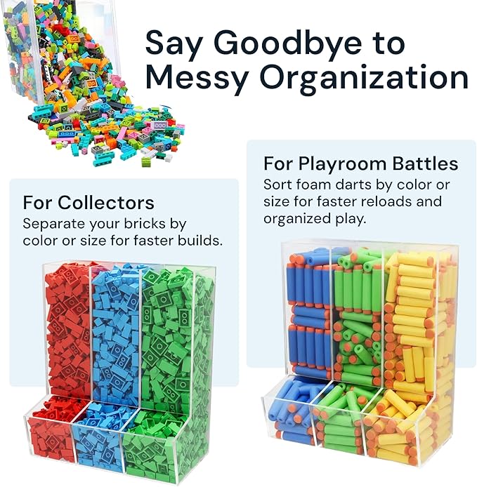 SimplyImagine Triple Acrylic Toy Dispenser for Kids - Self-Serve Snack & Toy Foam Blasters, Car Storage for Wall or Countertop - Clear 3-Compartment Hanging Organizer for Playroom & Nursery - 12.5" H