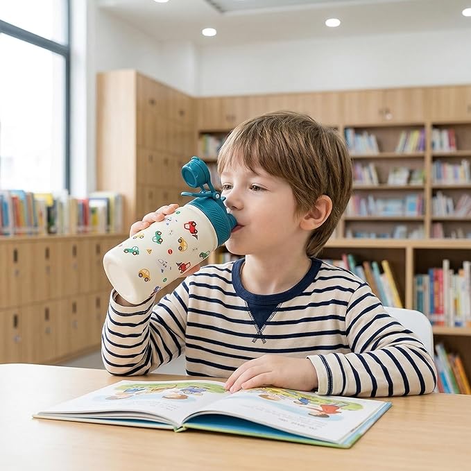 Fijinhom 12 oz Kids Water Bottle, 2-in-1 Stainless Steel Vacuum Insulated Water Bottle for Toddler, Leak Proof Spout & Straw, Double Wall Thermal Flask for Boys&Girls, School, Outdoor, Travel (Car)