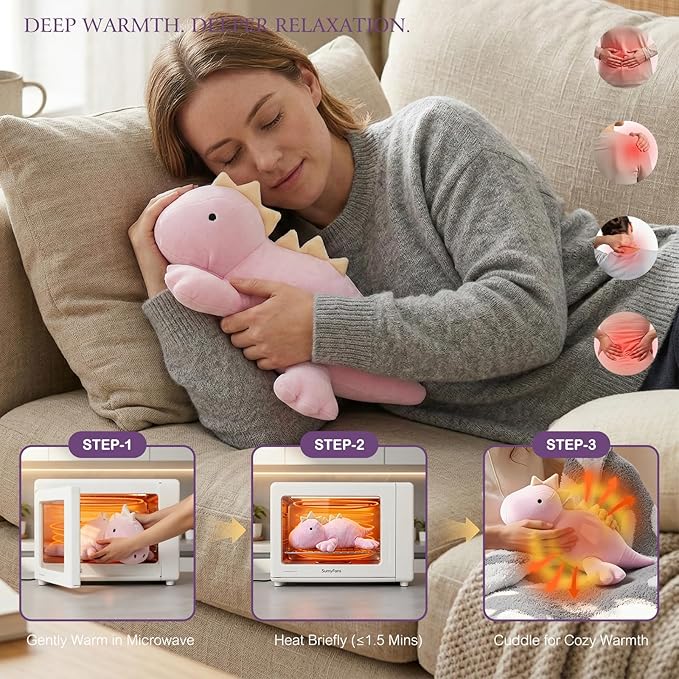 KOWSI® Microwavable Heating Pad Purple Stegosaurus Plush - 1.4 Lb Weighted Stuffed Animal Toy with Tourmaline Beads & Lavender - 16" Squished Long Dinosaur Pillow - Lumbar Back Cushion Lasting Warmth