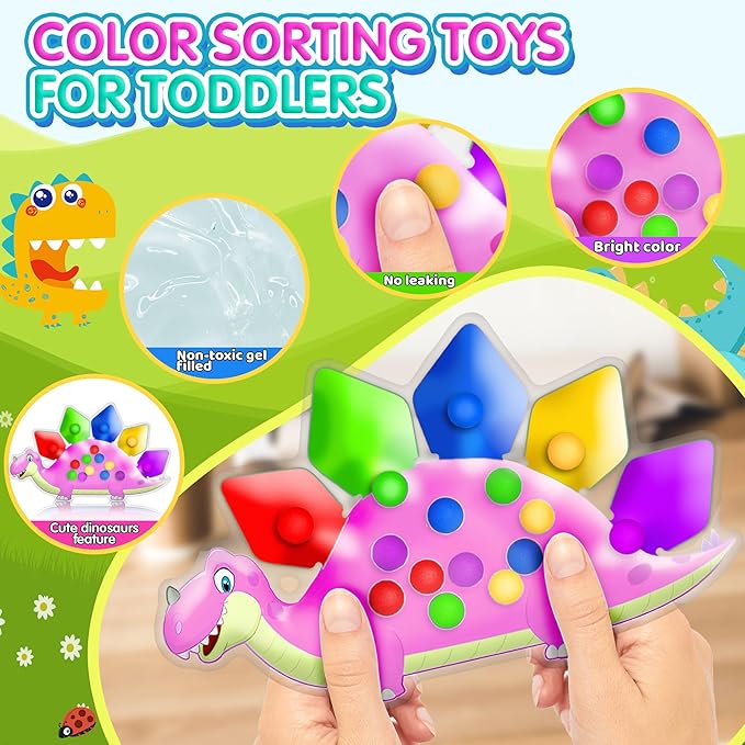 Pink Dinosaur Color Sorting Sensory Toy for Toddler Girls, Montessori Toys Fine Motor Skill Calm Down Fidget for Classroom Activities Aged 2 3 4 Year Old Kid Valentine Easter Basket Stuffers Gifts