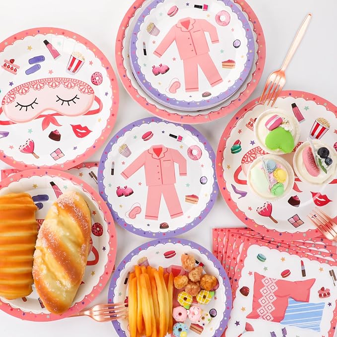 Pajama Party Plates Napkins Sleepover Tableware Set - Spa Party Dinnerware Slumber Cutlery for Girls - Disposable Decoration for 24 Guests