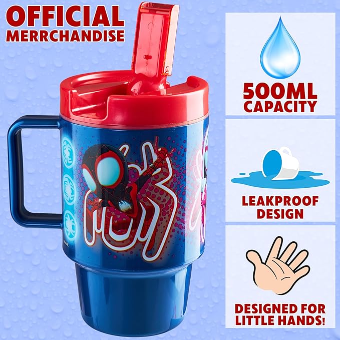 Get Trend Marvel Spiderman Kids Water Bottle with Straw 16.9 oz BPA Free Plastic Cup with Lid Handle Reusable Tumbler for School Gifts for Kids (Blue Spidey)