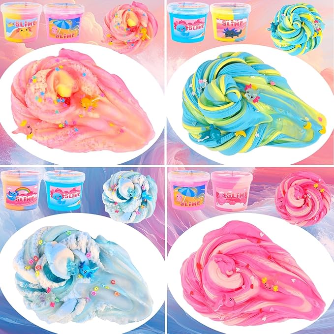 6 Pack Axolotl Slime Kit, Cloud, Butter & Clear, Christmas Slime Party Favors for Kids with Axolotl Charms, Soft and Stretchy, Slime for Girls & Boys, Classroom Rewards, Birthday Gifts