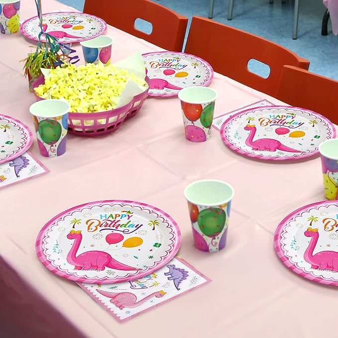 96 Pcs Dinosaur Birthday Party Plates Napkins Forks Supplies Tableware Set Disposable Table Dinosaur Theme Decoration for Girl Birthday Party, Serves 24 Guests