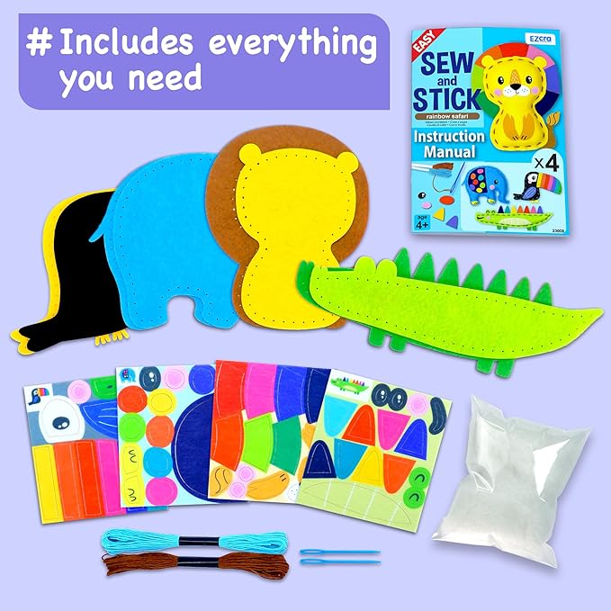 EZCRA Safari Animals Sewing Kit for Kids Ages 4-8, Elephant No-Mess Felt Craft Projects, 4 Easy Beginner Learn-to-Sew Toys for Boys and Girls