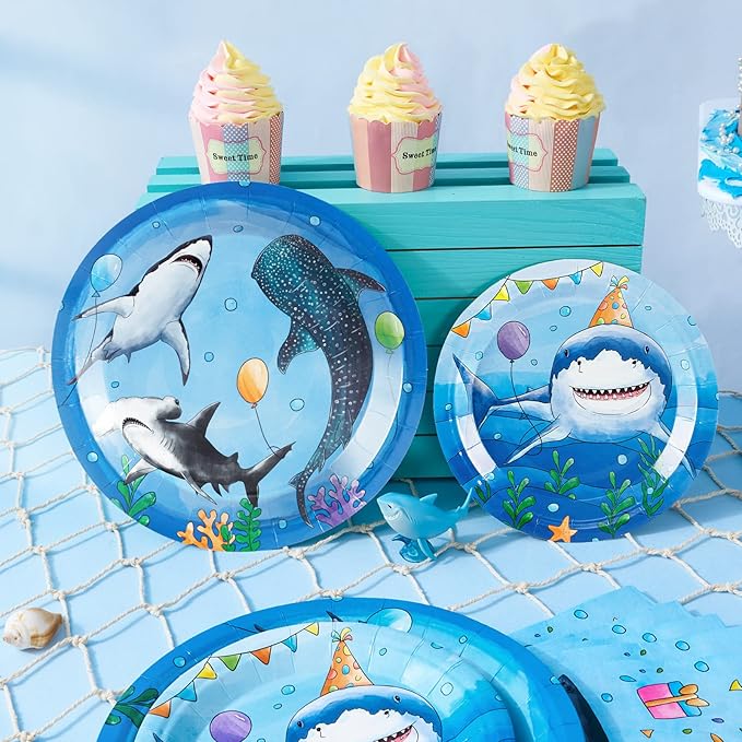 WERNNSAI Shark Birthday Decorations - 48PCS Shark Party Plates and Napkins Under The Sea Birthday Supplies Blue Ocean Plates Tableware for Kids Boys Baby Shower Summer Pool Party Decor Serves 16 Guest
