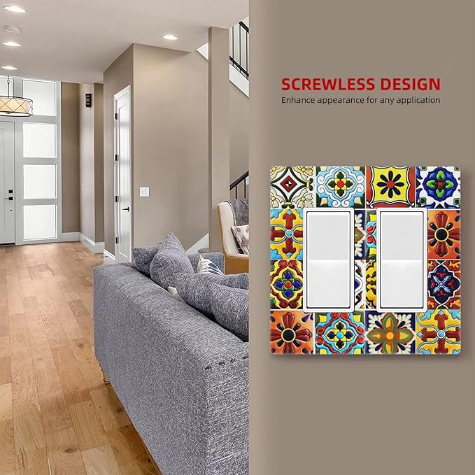 Boho Mexican Moroccan Tile 2 Gang Double GFCI Rocker Rocker/Decorator Light Switch Cover Decorative Outlet Wall Plate Electrical Faceplate Screwless
