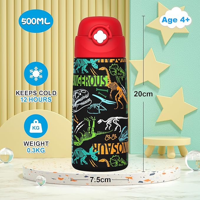 Boys Insulated Water Bottle with Covered Pop-Up Straw,16 oz Kids Cups with Stainless Steel Leak Proof for School（Red-Dinosaur）