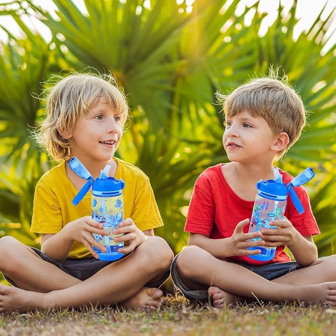 decalsweet Kids Water Bottle 20oz Durable Leak-Proof Plastic Water Cup for Kids Toddlers,With Straw Handle and Pop-Up Spout Cover,Safe for School Sports Daycare Travel & Camp Pack of 2