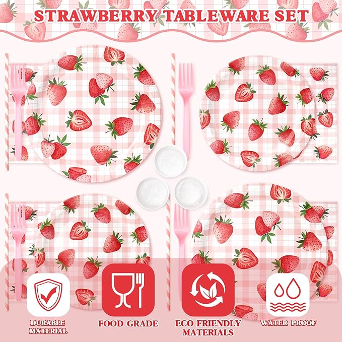 300 Pcs Berry First Birthday Decor, Strawberry Decorations For Party, Strawberry Shortcake Birthday Decorations, Plates and Napkins Serves 50 Guests