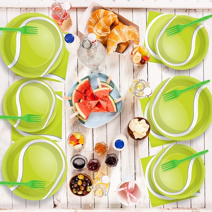 96 Pcs Tennis Party Plates Napkins Tableware Set Tennis ball Supplies Disposable Dinnerware Sports Birthday Decoration Favors for Baby Shower Brithday Party, 24 Guests
