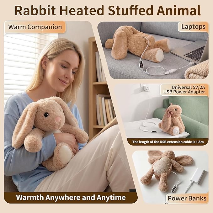Rabbit Heated Stuffed Animal, Bunny Heating Pad for Period Cramps, USB Powered Heating Pad with Auto Shut Off,Warm Plushie for Belly Back Shoulder Pain Relief,Anxiety Relief, Gift for Mom Women