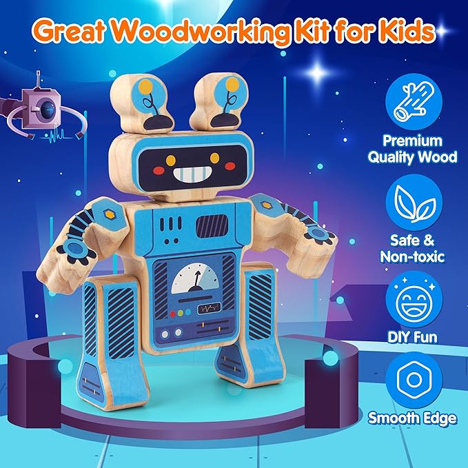 Mocoosy Wooden Robot Painting Art and Craft Kit for Kids Ages 3-5, Build & Decorate Your Own Robots with Paint & Stickers, Wood Robot STEM Game Montessoi Educational Toy Gift for Boys Girls 4-8 Years