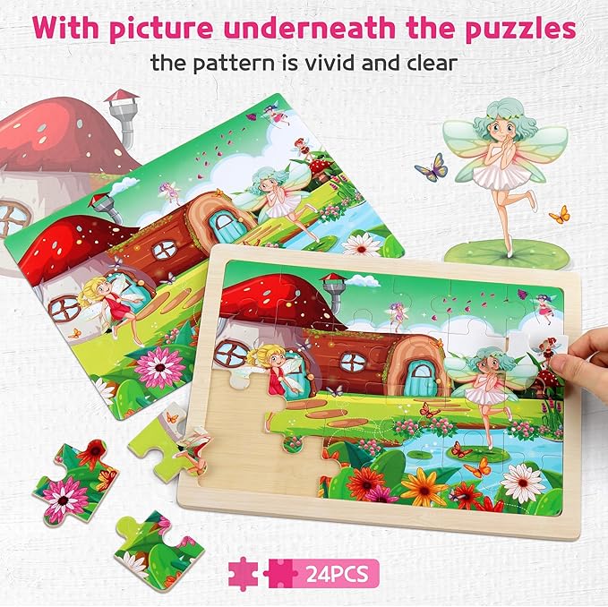SYNARRY Large Unicorn Mermaid Princess Fairy Wooden Kids Puzzles 4 in 1 Gift Box(12.2 * 9.4 in), Wood Puzzles for Kids Ages 4-6, Wood Puzzles for Kids Ages 3-5, Easter Basket Stuffers Gifts for Kids
