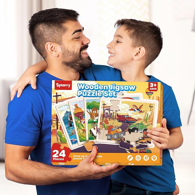 SYNARRY Large Wooden Monster Truck Puzzles for Kids Gift Box(12.2*9.4 in), 24 Piece Puzzles for Toddlers 3-5, Wood Jigsaw Puzzles for Kids Ages 4-6, Easter Basket Stuffers Gifts for Kids