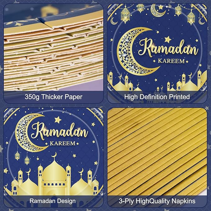 96 Pcs Ramadan Plates and Napkins Forks Sets - Blue Gold Eid Mubarak Themed Round Tableware, Disposable KAREEM Paper Plates Napkins Kit for Ramadan Party Supplies Favors Table Decorations, Serves 24