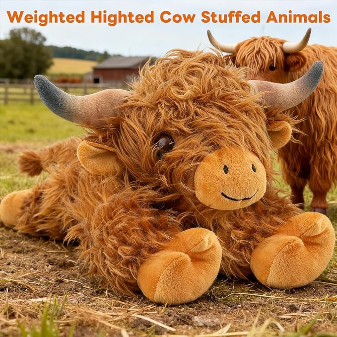 JOD® 4lbs Highland Cow Weighted Stuffed Animals, 22inch Giant Highland Cow Gift Plushie Toy, Cute Stuffed Animal Highland Cattle Plush Pillow Women Adults Kid Bedtime Highland Cattle