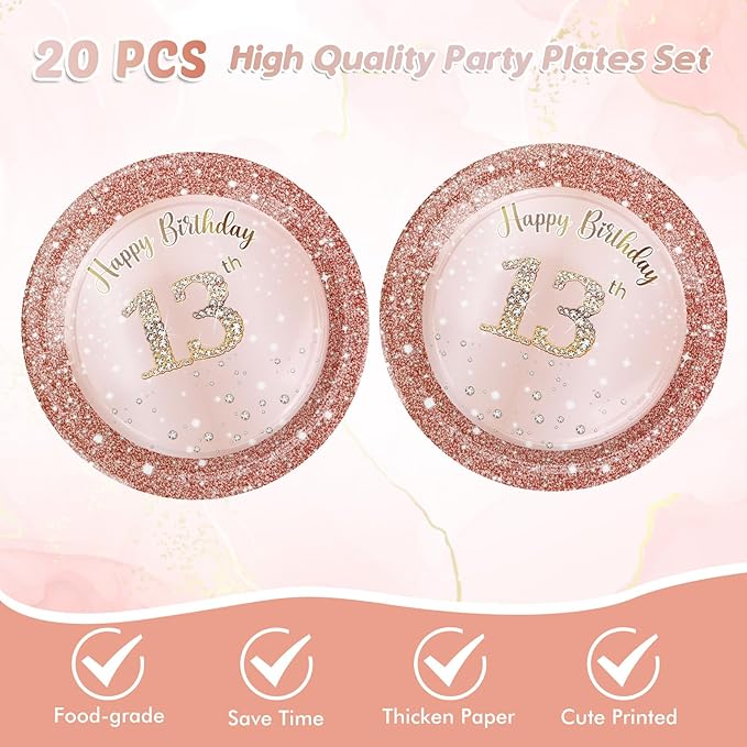 41Pcs 13th Birthday Party Decorations for Girls, Rose Gold Party Supplies Include 20 Plates 20 Napkins and 1 Pcs Tablecloth, Sweet Thirteen Year Old Birthday Party Tableware for Girls Kids Children