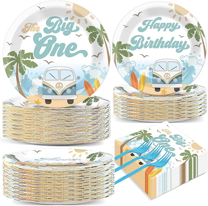 200pcs Summer Beach The Big One Party Plates Napkins Boy Surfing First Birthday Tableware Set Hawaiian Palm Tree Cake Dessert Disposable Dinnerware Retro Wave Decor for Baby Shower Supplies Serves 50