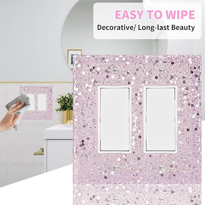 2-Gang Light Switch Cover Plate,Shiny Pink Glossy Finish,5.1"x5.1",Sparkle Design for Outlet or Double Rocker Switch