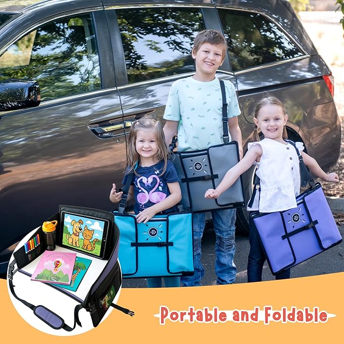 Kids Travel Tray for Car Seat – Gray – The Essential Travel Lap Desk with Removable Tablet Holder, Built-In Storage, and Stabilized Panels, Must Have Car Tray for Kids on Road Trips