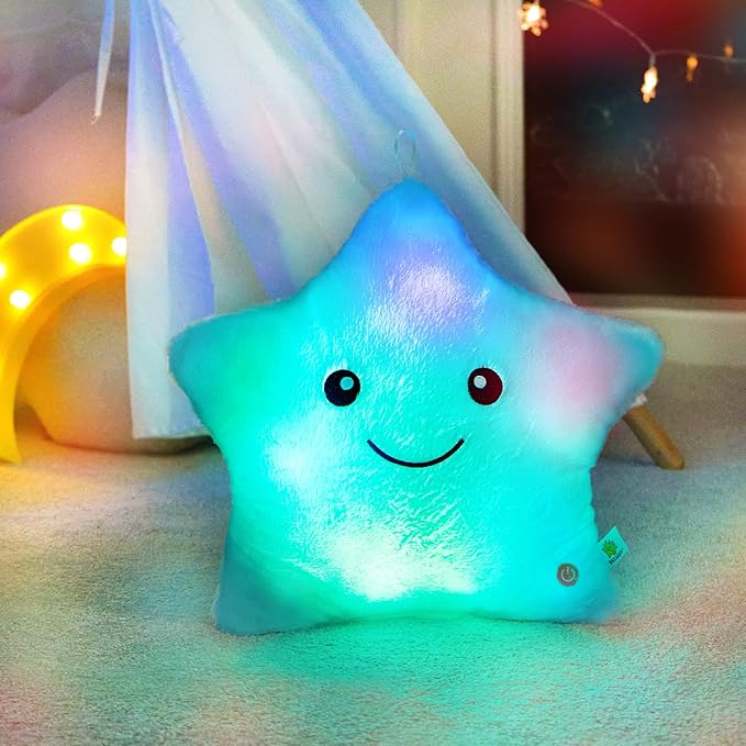 WEWILL 13'' Creative Twinkle Star Light up Night LED Plush Stuffed Animal Toys Birthday Valentines for Toddlers Girls(Blue)