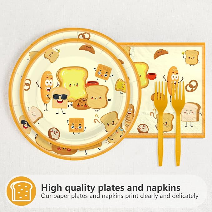 96Pcs Toast Bread Birthday Party Supplies Breakfast Bread Plates and Napkins Disposable Toast Food Theme Tableware Set for Kids Happy Birthday Party Decorations Serves 24