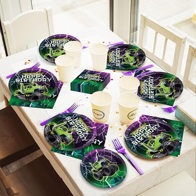 CHUNNIN 96 PCS Monster Truck Plates and Napkins for Birthday Party Supplies Monster Truck Racing Car Theme Paper Dessert Plates Green Purple Tableware Set for 24 Guests Kids Birthday Party Decorations