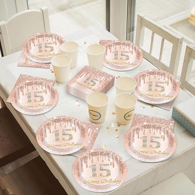 50Pcs Rose Gold 15th Birthday Party Paper Plates Napkins Girls Pink 15th Birthday Dessert Table Decoration Happy 15 Years Old Cake Tableware Set Serves 25 Guest Fifteen Years Old Party Favor Supplies